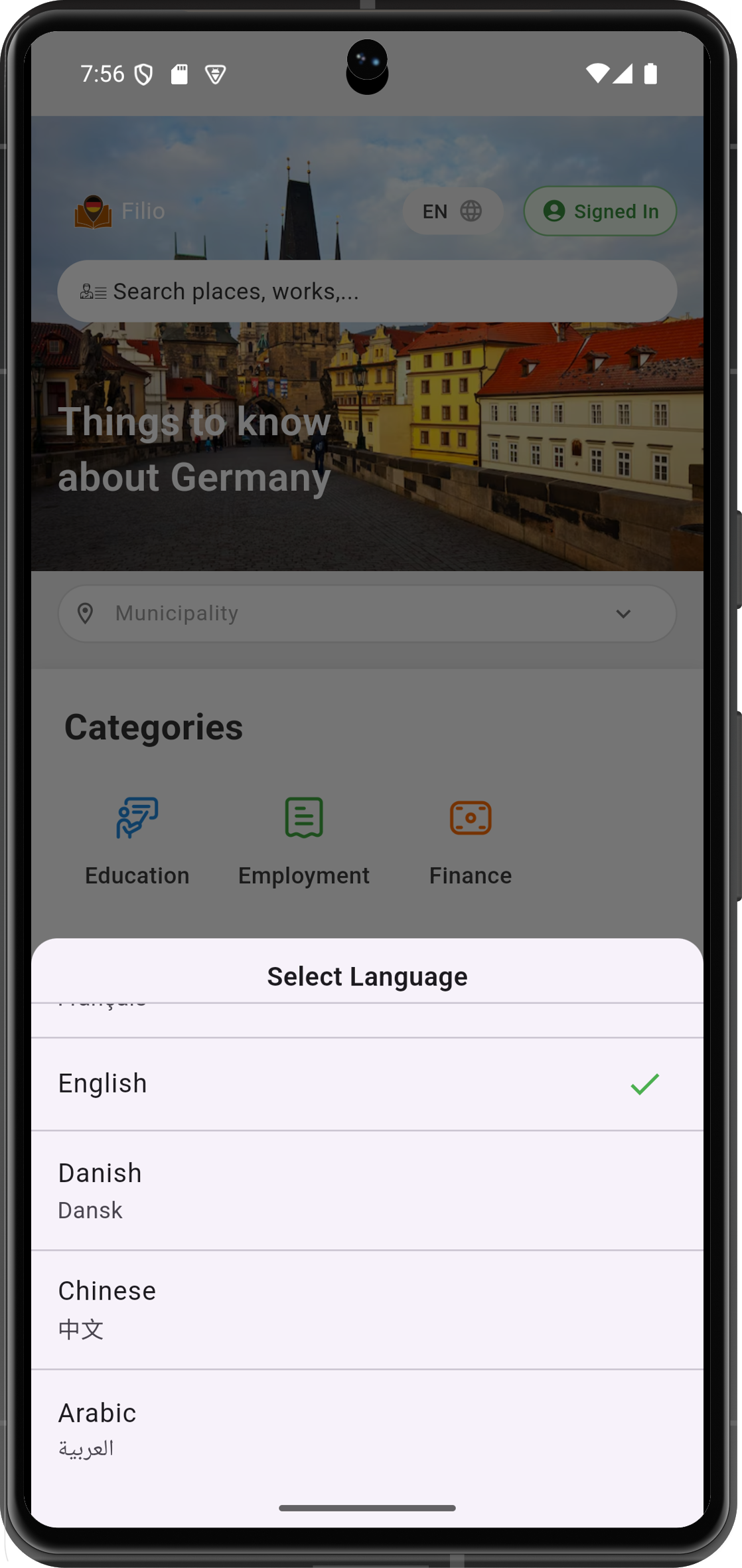 Language selection example